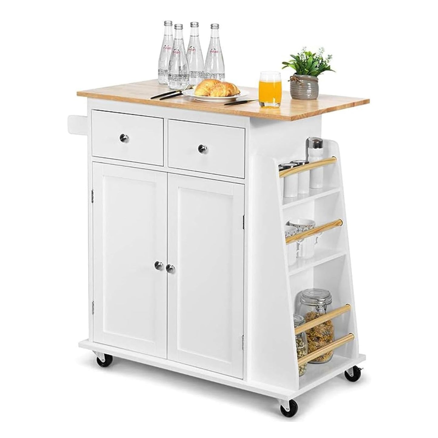 GOPLUS Kitchen Island with Wheels, Serving Trolley with 2 Drawers, 3-Tier Spice Rack, Towel Holder Cabinet, Rubber Wood Worktop & Lockable Wheels for Dining Room, Kitchens (Black)