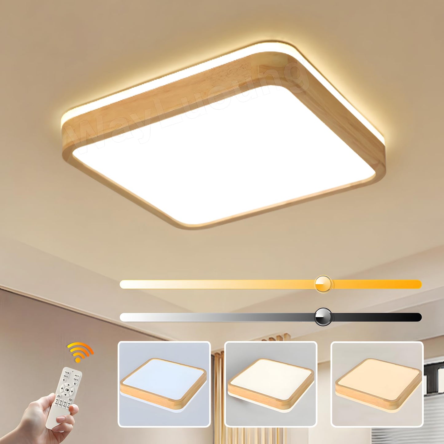LED Wooden Ceiling Light, Diameter 30 cm, 3000 K, 1620 lm, 18 W, Ceiling Light with Square Top, 360° Luminous Natural Wood, Bedroom, Living Room, Children's Room, Kitchen, Dining Room (Warm White)