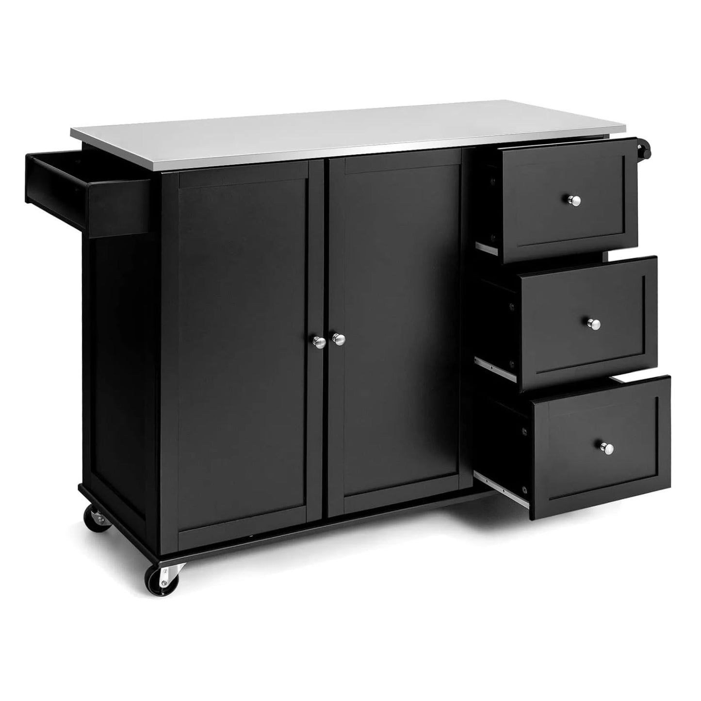KOMFOTTEU Movable Kitchen Island with Stainless Steel Worktop, Kitchen Trolley with 3 Drawers & Towel Rail & Adjustable Shelf, Kitchen Cabinet on Wheels, Kitchen Trolley 135 x 45.5 x 91.5 cm (Black)