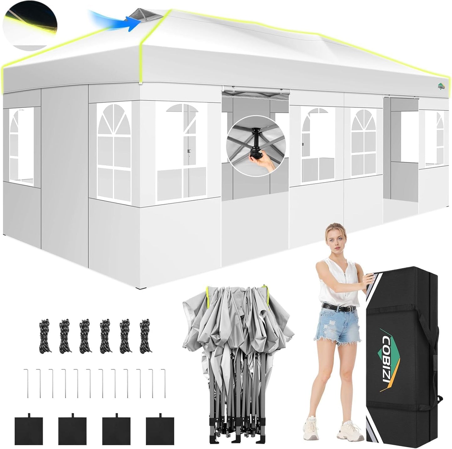 COBIZI Faltpavillon 3x6 Pavillon wasserdicht Winterfest, Ein-Tasten-Zentralverriegelung Partyzelt Faltbar Anti-UV mit 6 Seitenwänden, Gartenpavillon mit Leuchtstreifen für Hochzeiten, Freien, Garten
