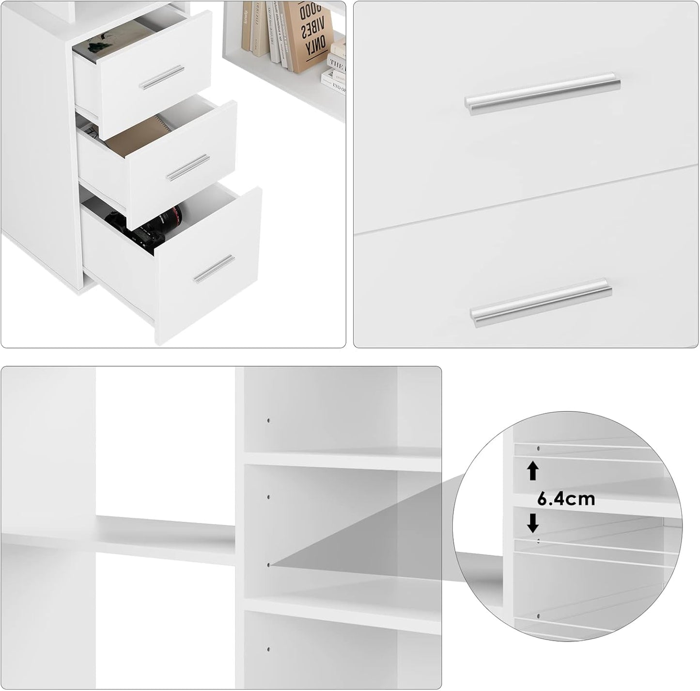 FirFurd 129 x 104 cm Corner Desk, L-shaped Desk, Kids Computer Desk for Adults with 3 Drawers and 5 Shelves for Home Office, 129 x 104 x 76 cm, White