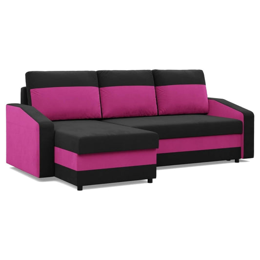 Mebligo Orion Corner Sofa with Sleep Function and Bed Box Black + Pink