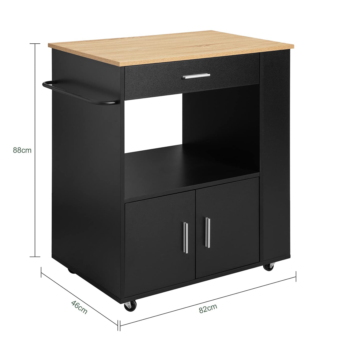 SoBuy Serving Trolley with Wheels Kitchen Trolley with Worktop Rolling Trolley Kitchen Island with Worktop Narrow Microwave Cabinet Kitchen Cabinet Side Table Wood Black 82 x 88 x 46 cm FKW113-SCH