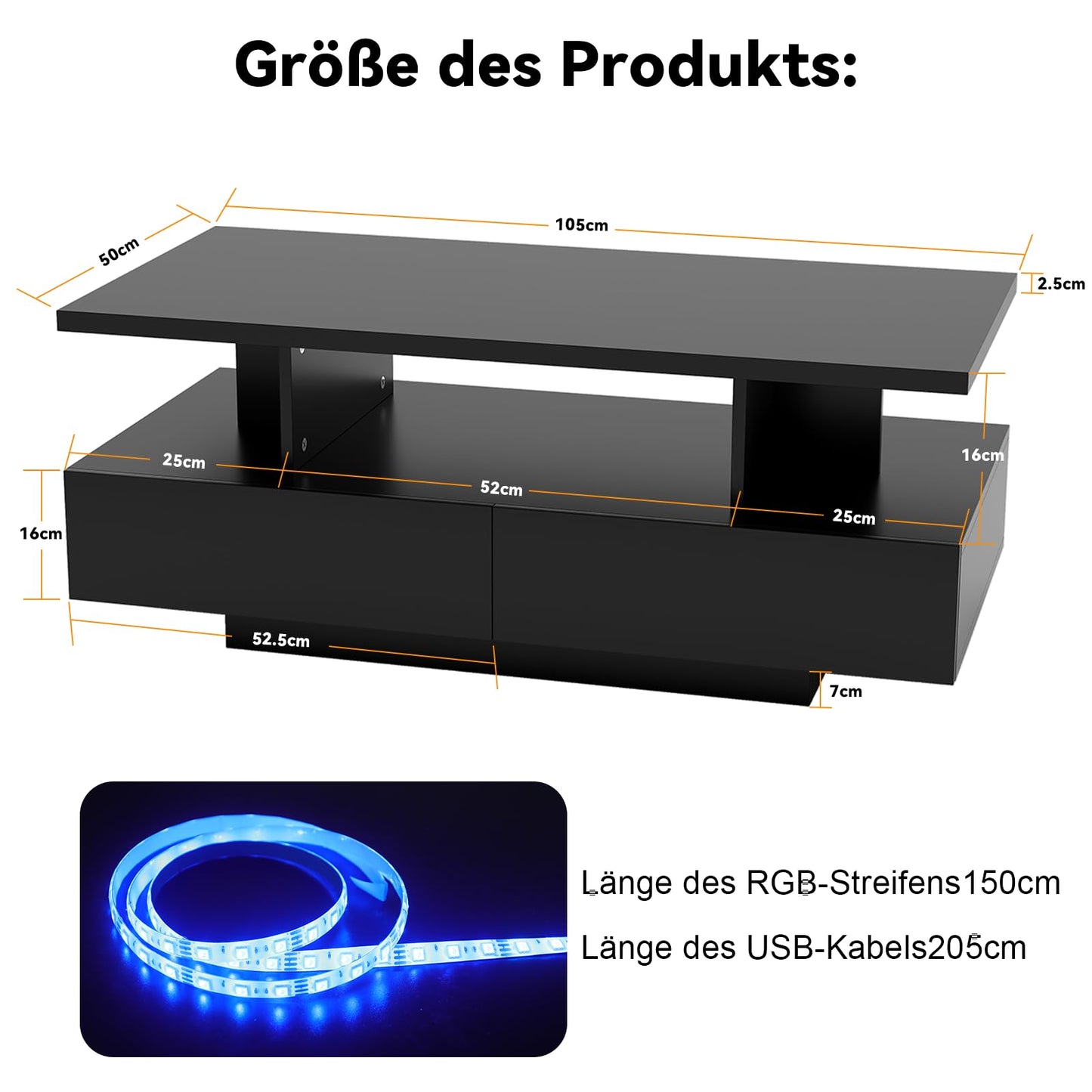 YU YUSING LED Coffee Table, Living Room Table, Coffee Table with 2 Drawers, 2 Shelves, 6000 Coloured LED Lighting, Remote Control, App Control, Side Table with Open, 105 x 50 x 39 cm, Modern White
