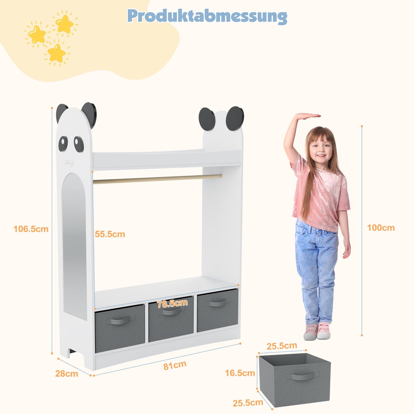 Children's Clothes Rack with Mirror, Clothes Rail with Shelves, Children's Wardrobe Wood, Children's Shelf for Children's Room, 81 x 28 x 106.5 cm (Clouds with 2 Drawers, White)