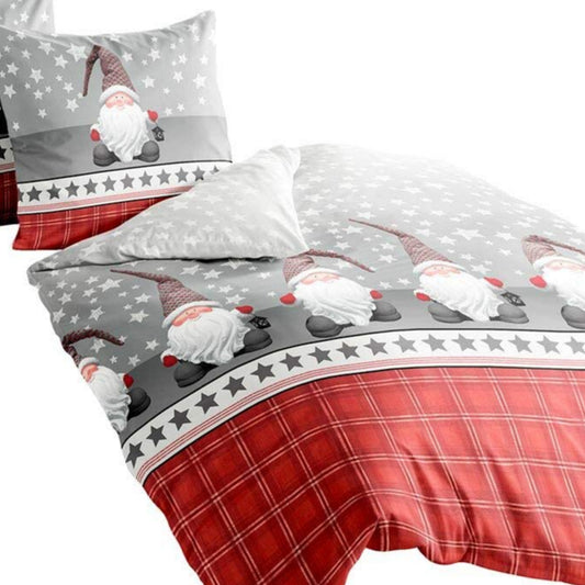 Traumschlaf Christmas Flannelette Bed Linen Gnome 100% Cotton with Zip 135 x 200 cm + 80 x 80 cm