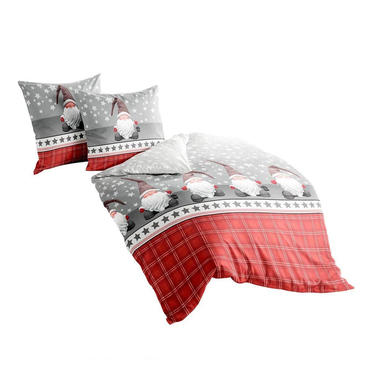 Traumschlaf Christmas Flannelette Bed Linen Gnome 100% Cotton with Zip 135 x 200 cm + 80 x 80 cm
