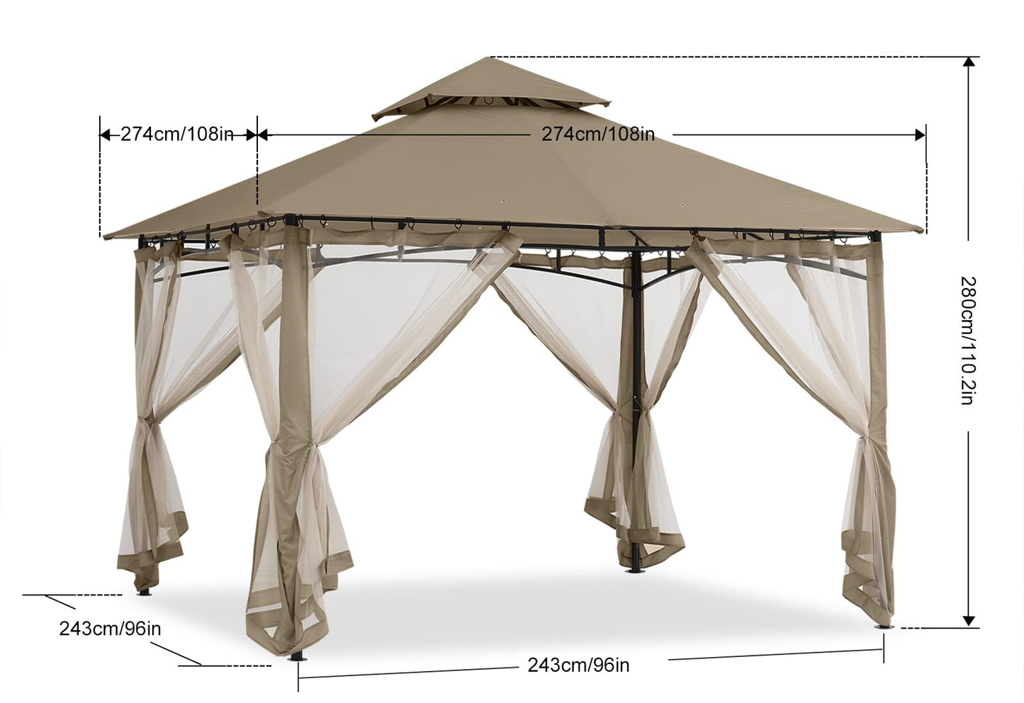 ABCCANOPY Pavillon 2.5x2.5m Wasserdicht Stabil Winterfest Gartenpavillon，Doppeldachweichdach Hinterhof-Partyzelt mit Netz für Schatten und Regen,Grau