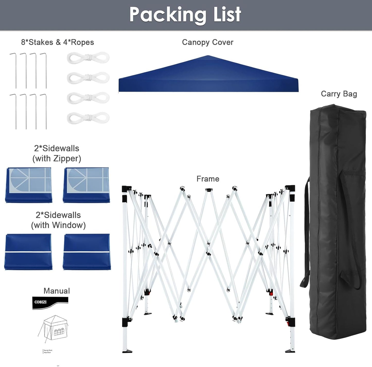 COBIZI Gazebo 3 x 6 Folding Gazebo Waterproof Stable Winterproof Foldable Party Tent with 6 Side Panels Pop Up Garden Gazebo UV Protection 50+ Height Adjustable for Beach Wedding Camping White