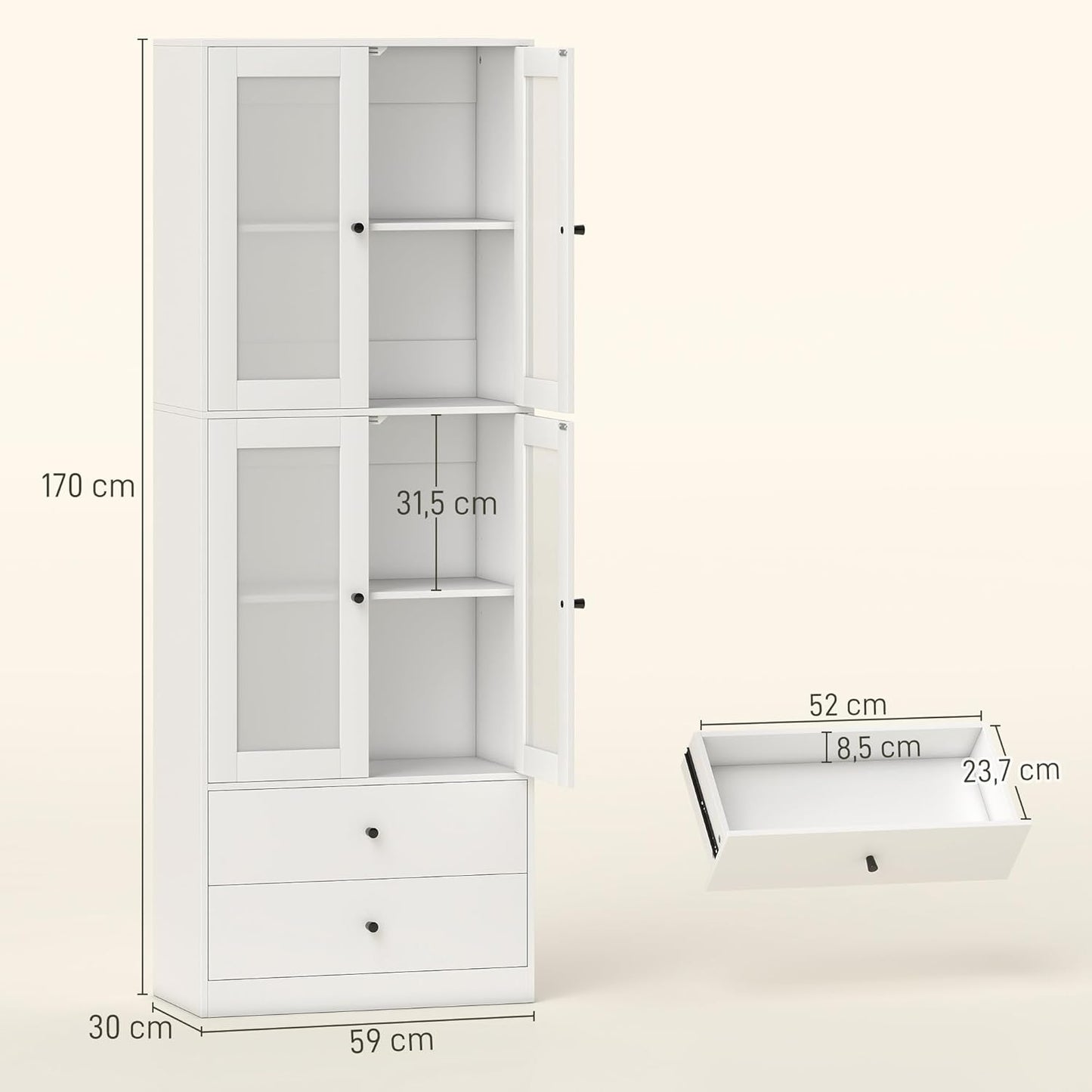 HOMCOM Kitchen Cabinet Display Cabinet with Worktop, 2 Drawers, Tall Cabinet with 4 Glass Doors, Buffet Cabinet with Adjustable Shelves, 59 x 30 x 170 cm, White