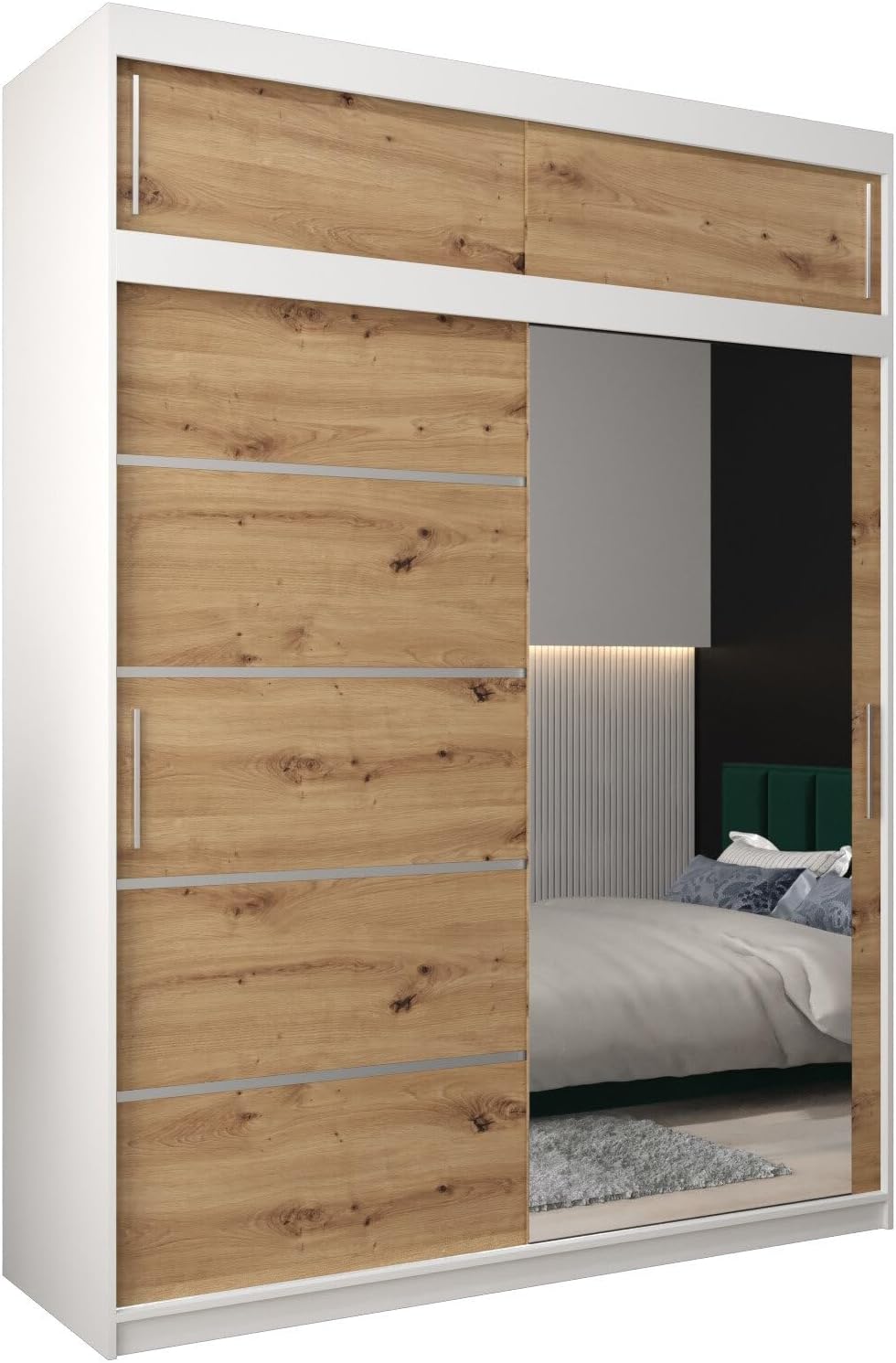 MEBLE KRYSPOL Kleiderschrank mit Spiegel Verona 2 - Garderobenschrank - Schrank Schlafzimmer - Mehrzweckschrank DREI Schiebetüren - Regalen - Flur Möbel - Kleiderstange Schrank - Allzweckschrank