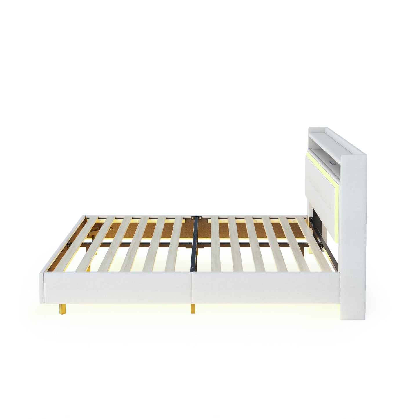 Polsterbett Doppelbett 140x200 cm mit LED-Beleuchtung und USB-Ladeanschluss, Bett mit Stauraumkopfteil, Stauraumbett mit Metallrahmen und Lattenrost aus Holz, Leinen, Beige, Ohne Matratze