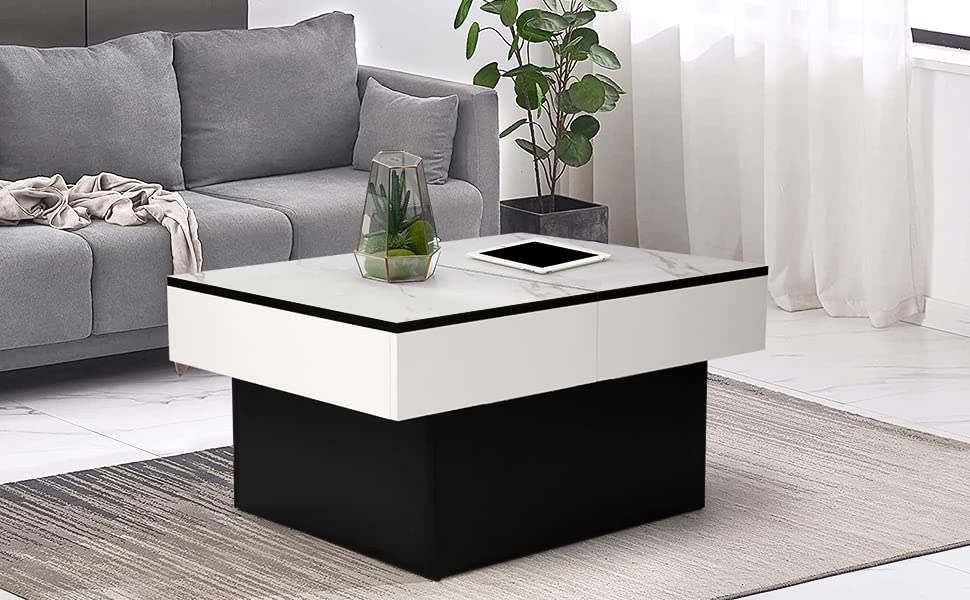 Vowner Coffee Table, Modern Coffee Table, Extendable Desk, Living Room Table with 2 Storage Spaces, High Gloss Finish, 114 x 58 x 40 cm, White Marbling