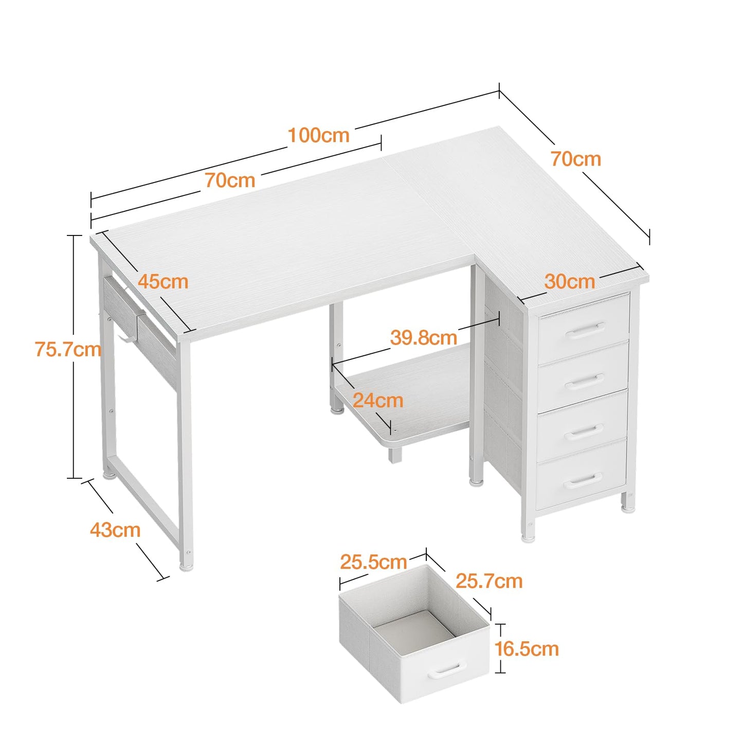 Coleshome Corner Desk, 100 x 70 cm, L Shape Desk with 4 Drawers, Reversible Computer Desk for Office, Study, Bedroom, White