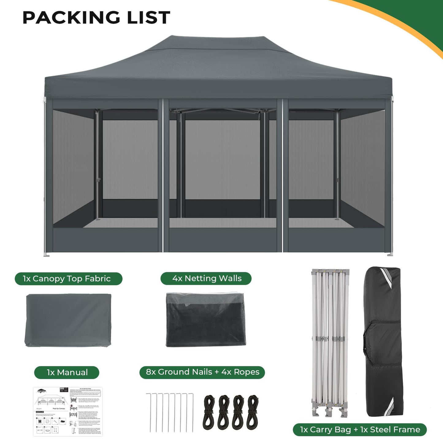 COBIZI Folding Gazebo 3 x 3 m Gazebo 3 x 3 m Waterproof Stable Party Tent Foldable with 4 Side Walls Mosquito Net Pop Up Garden Gazebo Anti-UV for Garden, Grey
