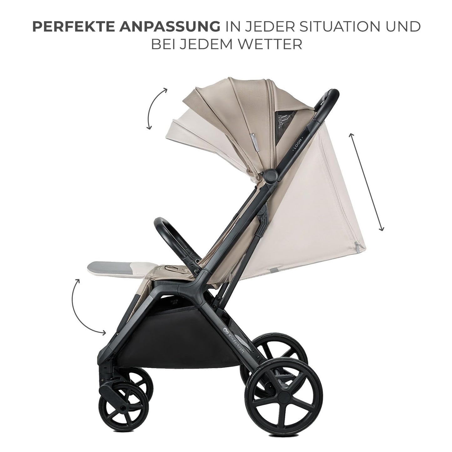Kinderkraft Loom Buggy up to 27 kg, Pushchair, Enlarged Hood, Padded Wheels, Lying Position, Light Weight - 9 kg Spacious Basket, Compact Dimensions, Beige