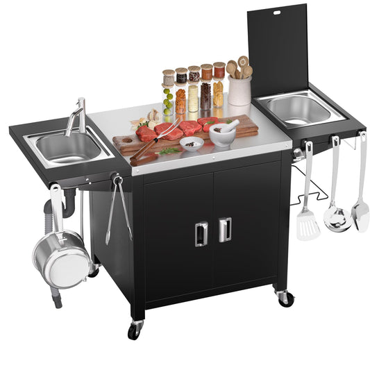 GFTIME Barbecue Trolley, 154 x 63 x 89 cm, Outdoor Kitchen Trolley, Outdoor Kitchen, Grill Table for Onni Pizza Ovens, Outdoor Kitchen for Ninja Woodfire and Weber Q Series, Mobile Pizza Oven Table