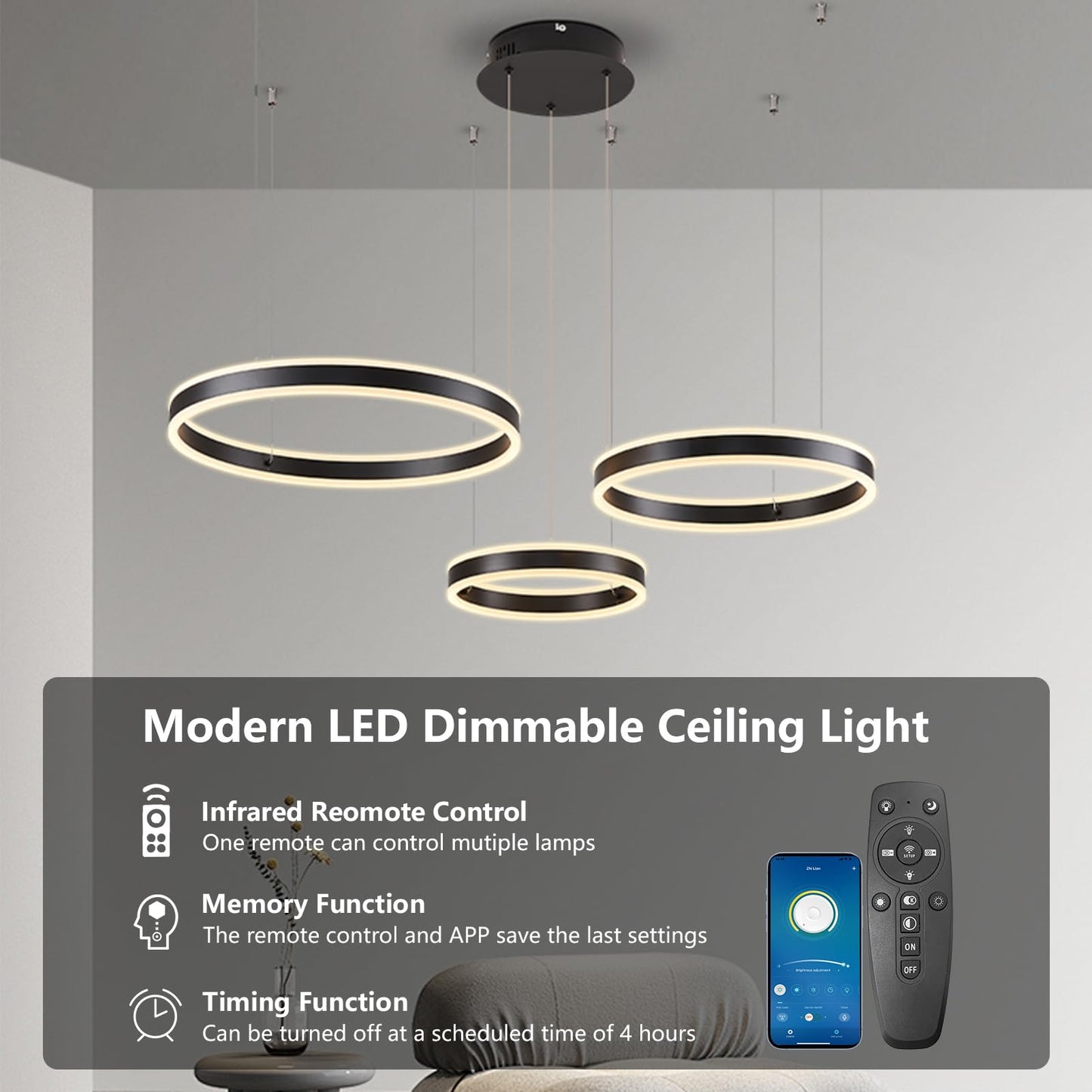 SUCIKORIO LED Pendelleuchte Esstisch, Modern LED Rund Hängelampe Esstisch Dimmbar Hoehenverstellbar 88W Aluminium Esstischlampe Hängend Mit Fernbedienung 2700K-6500K 5%-100% Helligkeit 30+40+50cm