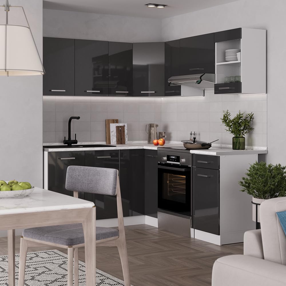 Vicco Rick Corner Kitchen, Anthracite High Gloss/White, 190 x 60 cm, AP Marble