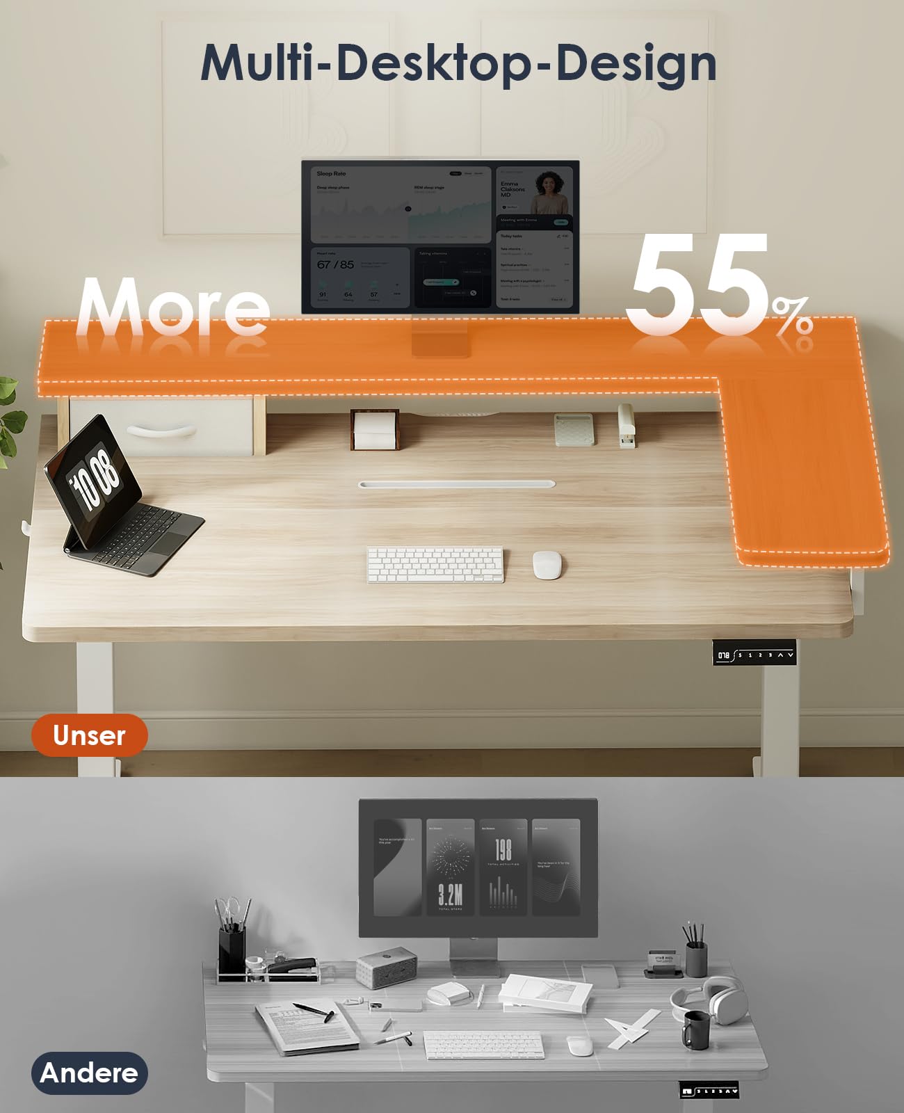 OffiGo Height Adjustable Electric Desk with Drawer and USB, 120 x 60 cm Complete Plate, Ergonomic Standing Seat Table, Computer Desk, Maple