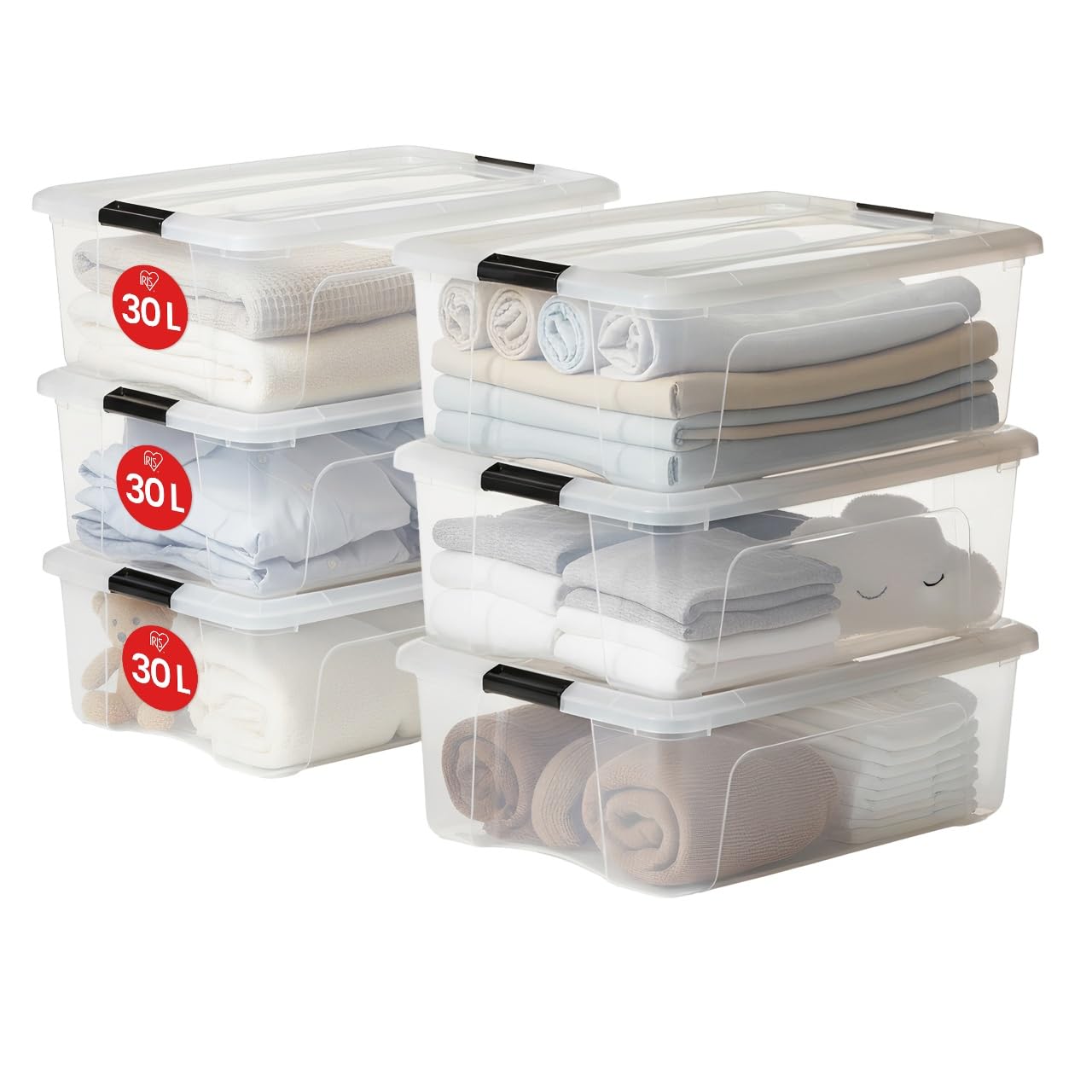 Iris Ohyama Storage Box with Lid, 80L, Set of 4, Transparent, Snap Latches with Handles, Stackable, Strong & Durable, for Clothes, Garage, Home, Office, Plastic Box, Storage TB-84D
