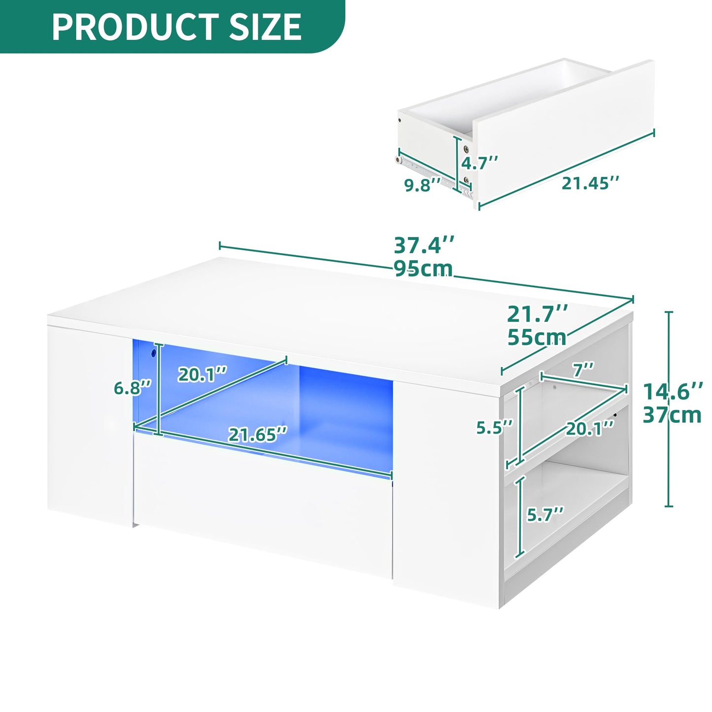 YITAHOME Coffee Table High Gloss Black Modern Living Room Table with 16-Colour LED Lighting Sofa Side Table with Adjustable Shelf 97.5 x 48 x 45 cm
