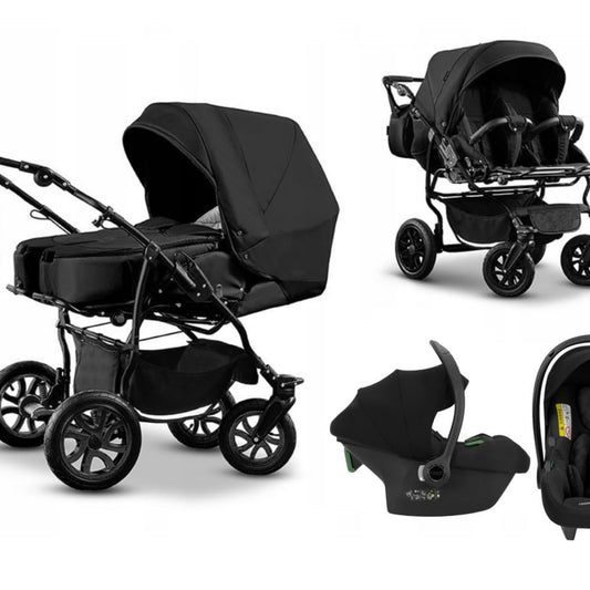 BBtwin DUET TRIO Twin Pushchair 3-in-1 Pushchair and Accessories 3 Pieces: 2 Baby Tubs + 2 Pushchairs + 2 Baby Car Seats + Accessories Black