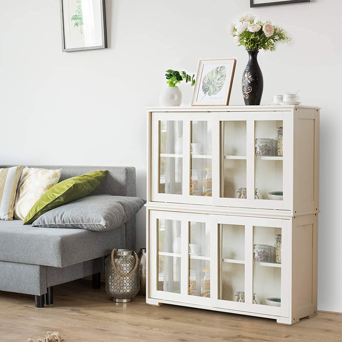 RELAX4LIFE Sideboard with 2 Sliding Glass Doors, Sideboard for Living Room, Hallway, Office and Kitchen, Hallway Cabinet with Height-Adjustable Shelf, Wooden Kitchen Cabinet (Cream)