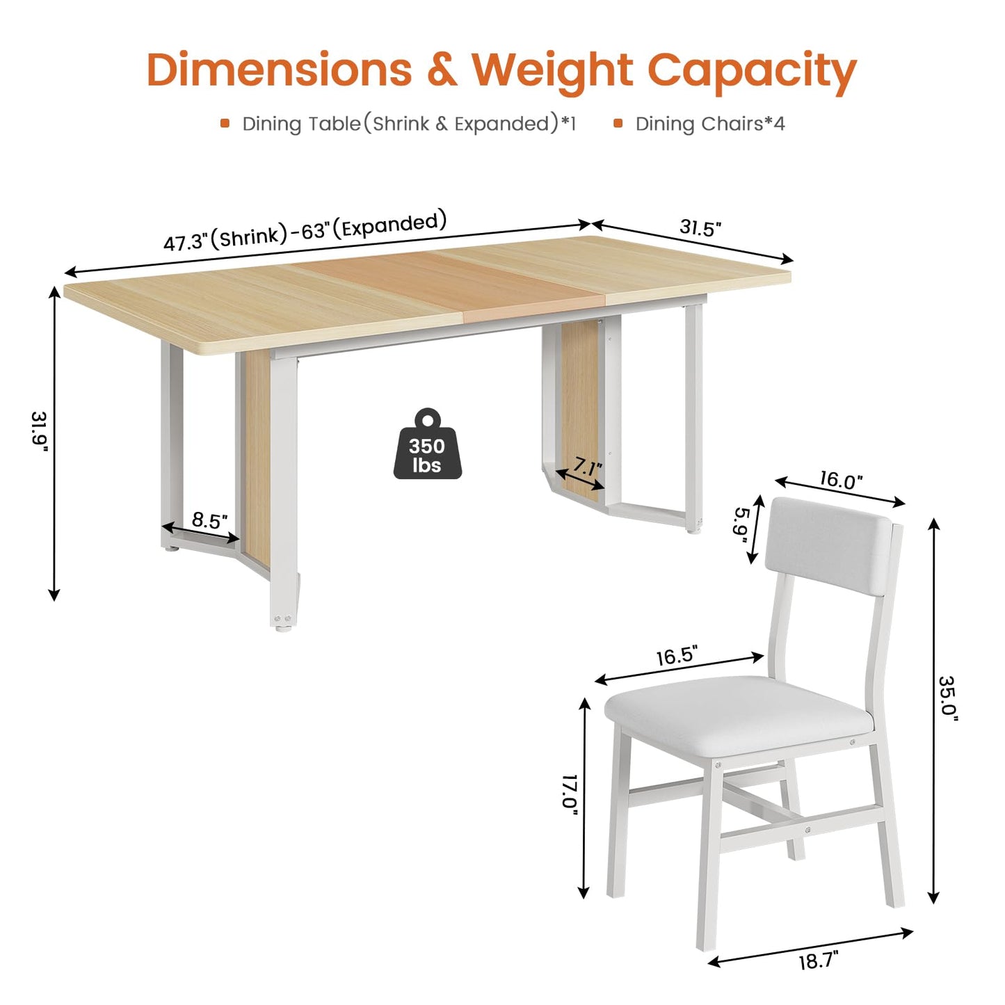Itaar 5-Piece Dining Table Set for 4-6 People, 63" Extendable Kitchen Table and 4 Cushion Chairs, Dining Room Table with MDF Board & Metal Frame for Small Space, Easy Clean, Brown
