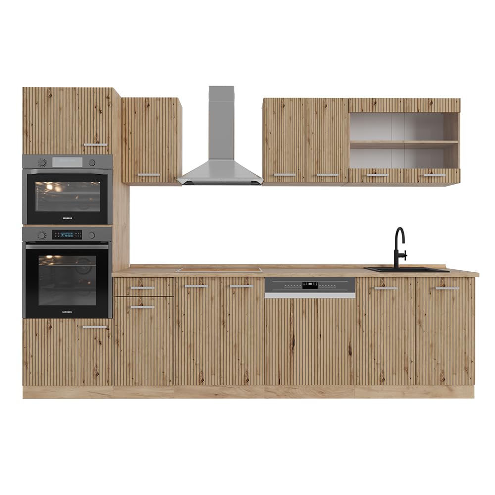 Vicco R-Line Kitchen Unit, High-Gloss Anthracite/Goldkraft Oak, 300 cm with Tall Cabinet, without Worktop