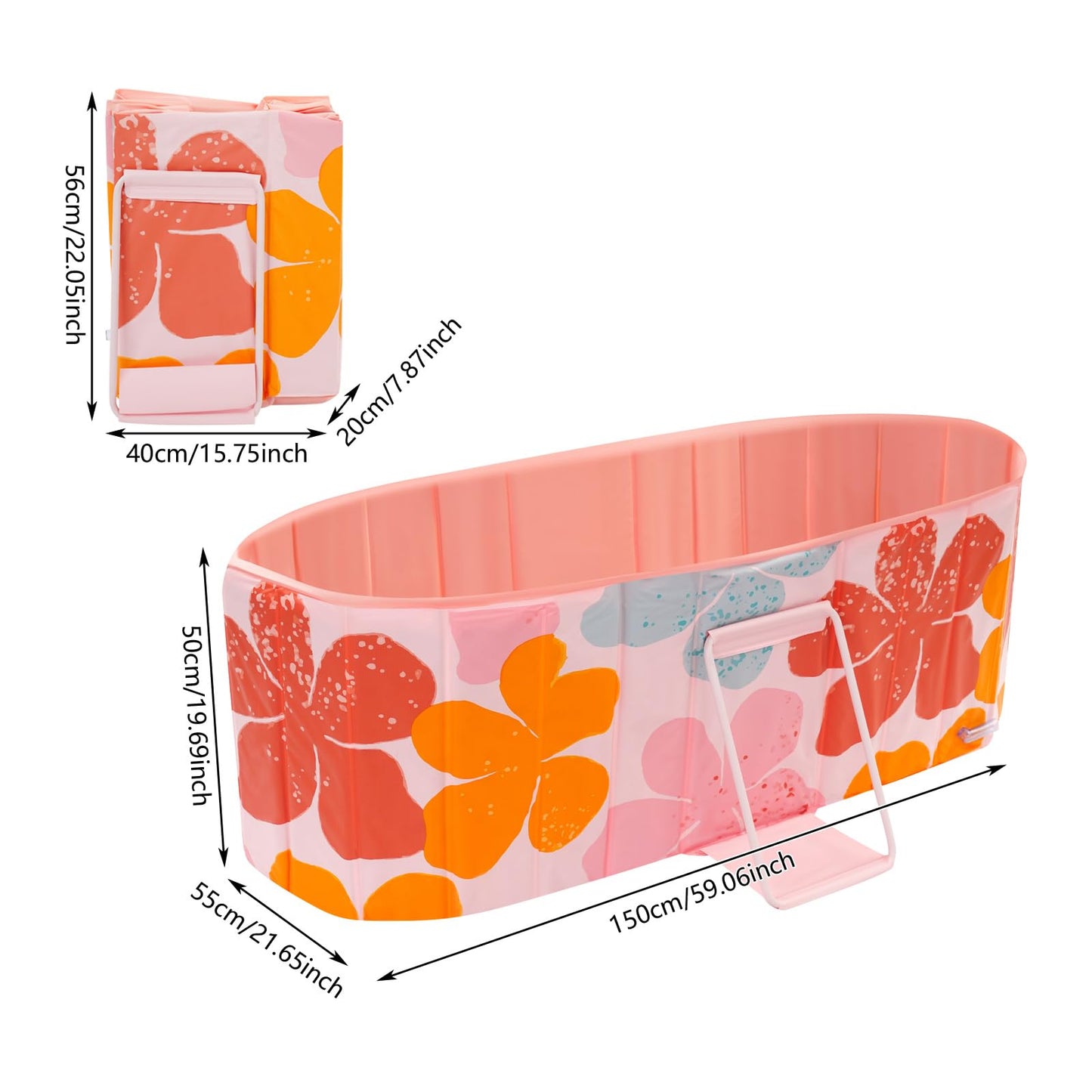 Foldable Bathtub for Adults, Portable Freestanding 1.5 m Large Bathtub for Ice Bath & Hot Water, Ideal for Home SPA, Outdoor & Families (Floral Pattern)