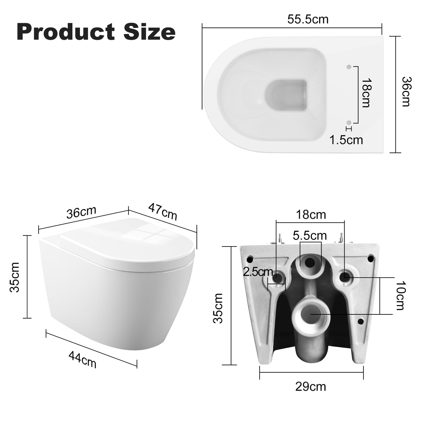 Hängend WC Spülrandlos Toilette, Wand-WC Set aus Keramik mit Toilettendeckel Abnehmbaren Absenkautomatik Effizienter Spültechnik Hängetoilette, D-Form,Lang 51cm, Weiß
