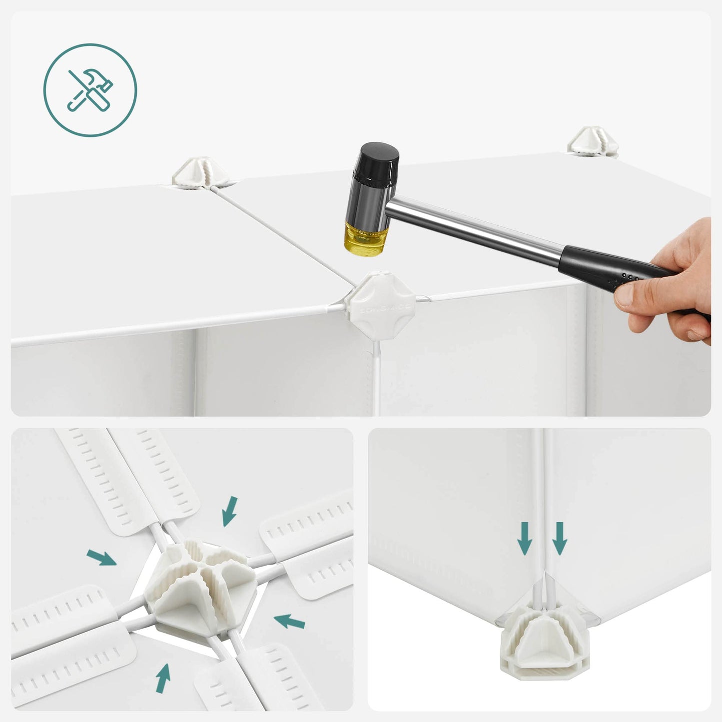 SONGMICS 16 Cube Shelving System, Storage Cabinet for Kids, Wardrobe with Doors, Plastic Shoe Rack, Boltless Shelf, Multipurpose, Shoes, Toy, 123 x 31 x 123 cm, White LPC906W01