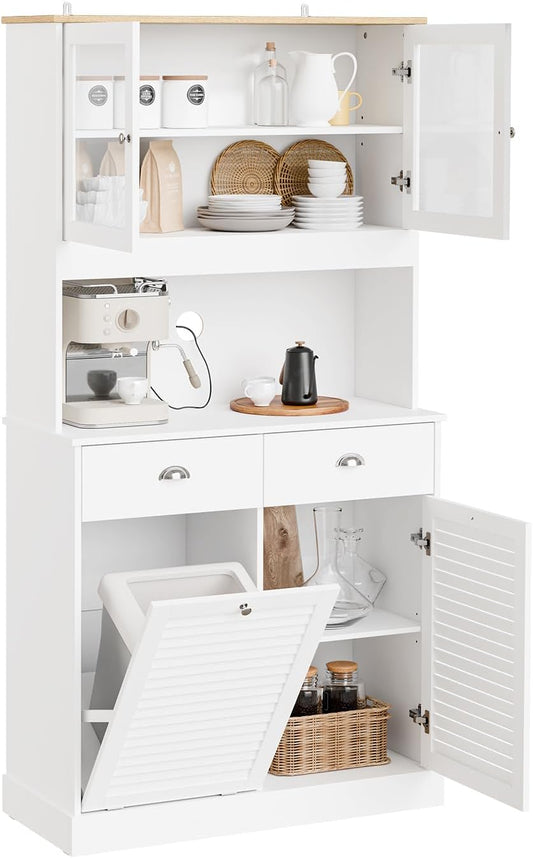 SoBuy FSB101-W Tall Cabinet with Glass Doors and Tilting Compartment, Kitchen Cabinet with Microwave Compartment, Sideboard Chest of Drawers with Doors and Drawers for Kitchen, Living Room & Storage