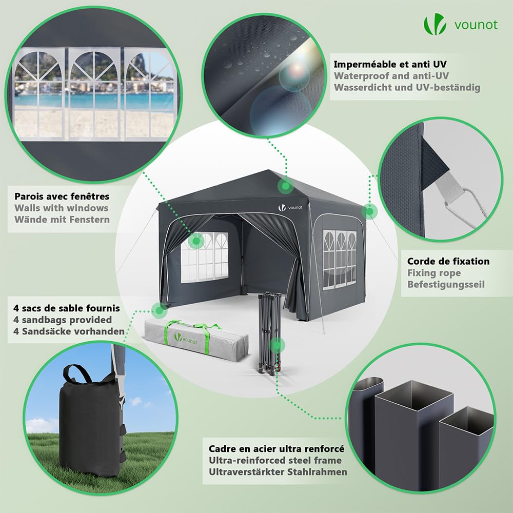 VOUNOT® Gazebo 3 x 3 m with 4 Side Panels and 4 Sand Bags, Pop Up Folding Gazebo, Waterproof, Foldable Garden Tent, Party Tent, Includes Bag, Grey