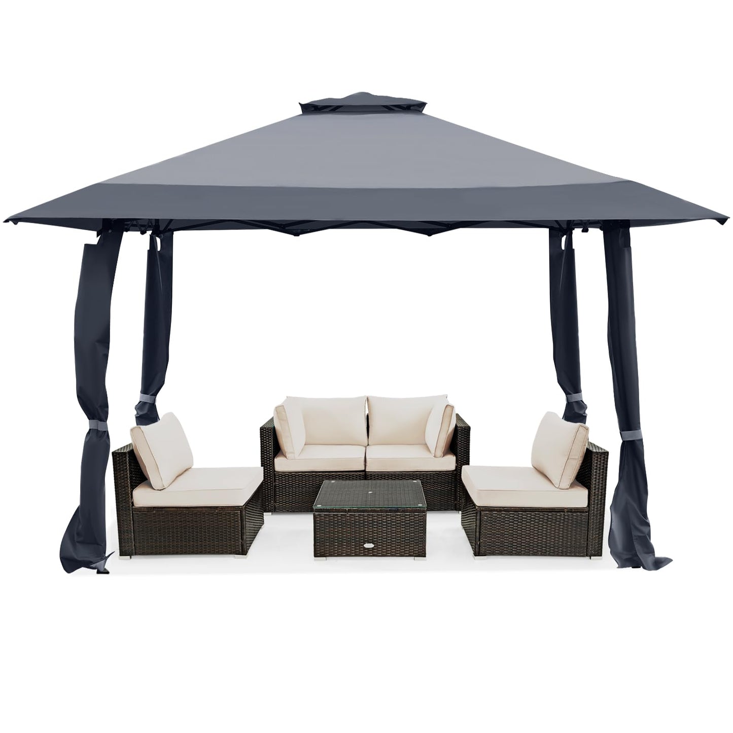COSTWAY Gazebo 4 x 4 m, Pop-Up Folding Gazebo with Double Roof, Waterproof, Stable, UV Protection 50+, Garden Gazebo with Carry Bag on Wheels, Garden Tent for Patio, Garden (Grey)
