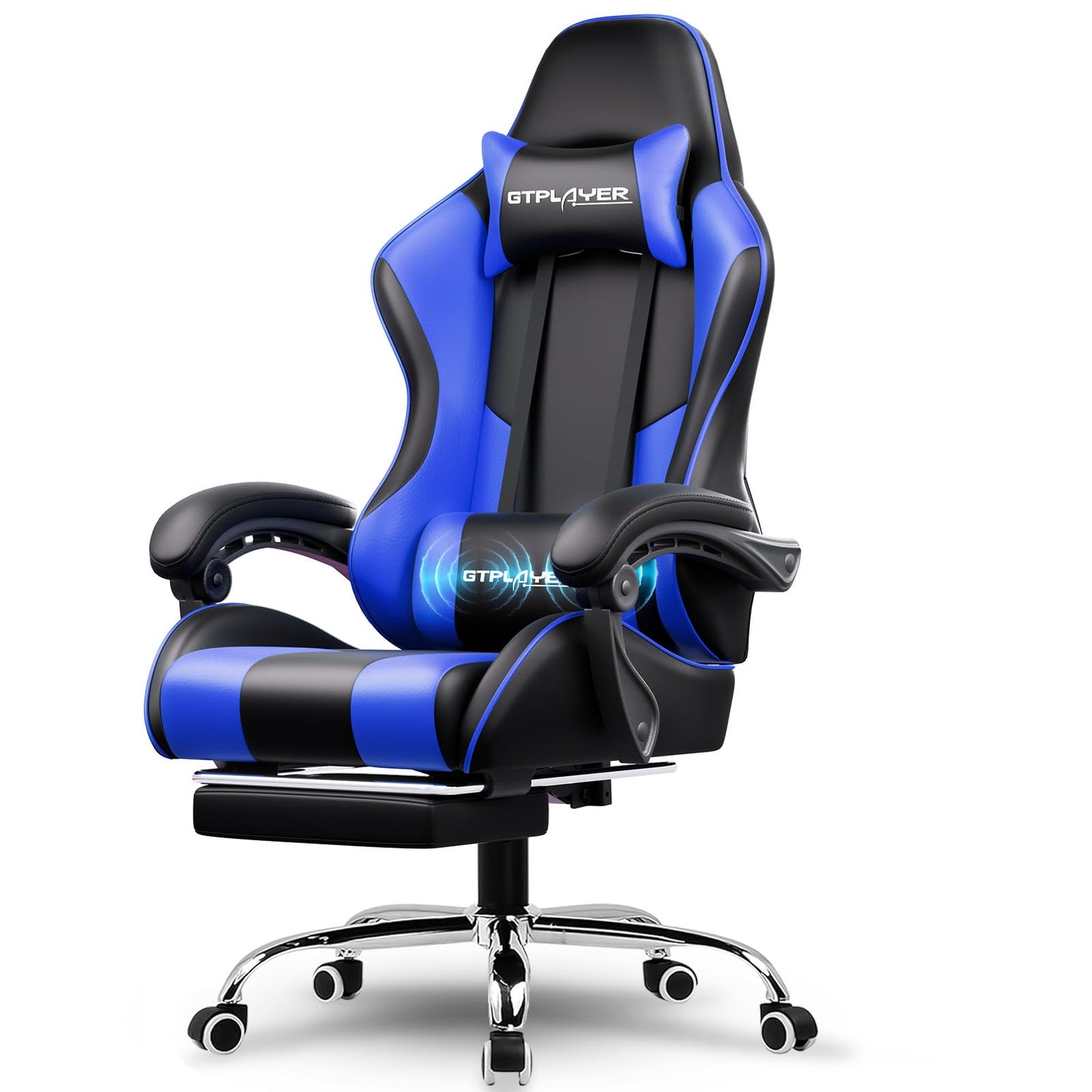 GTPLAYER Gaming Stuhl Bürostuhl Massage Gaming Sessel Ergonomischer Gamer Stuhl mit Fußstütze, Kopfstütze Massage-Lendenkissen, Gepolstert Gaming Chair, Drehsessel, weiß