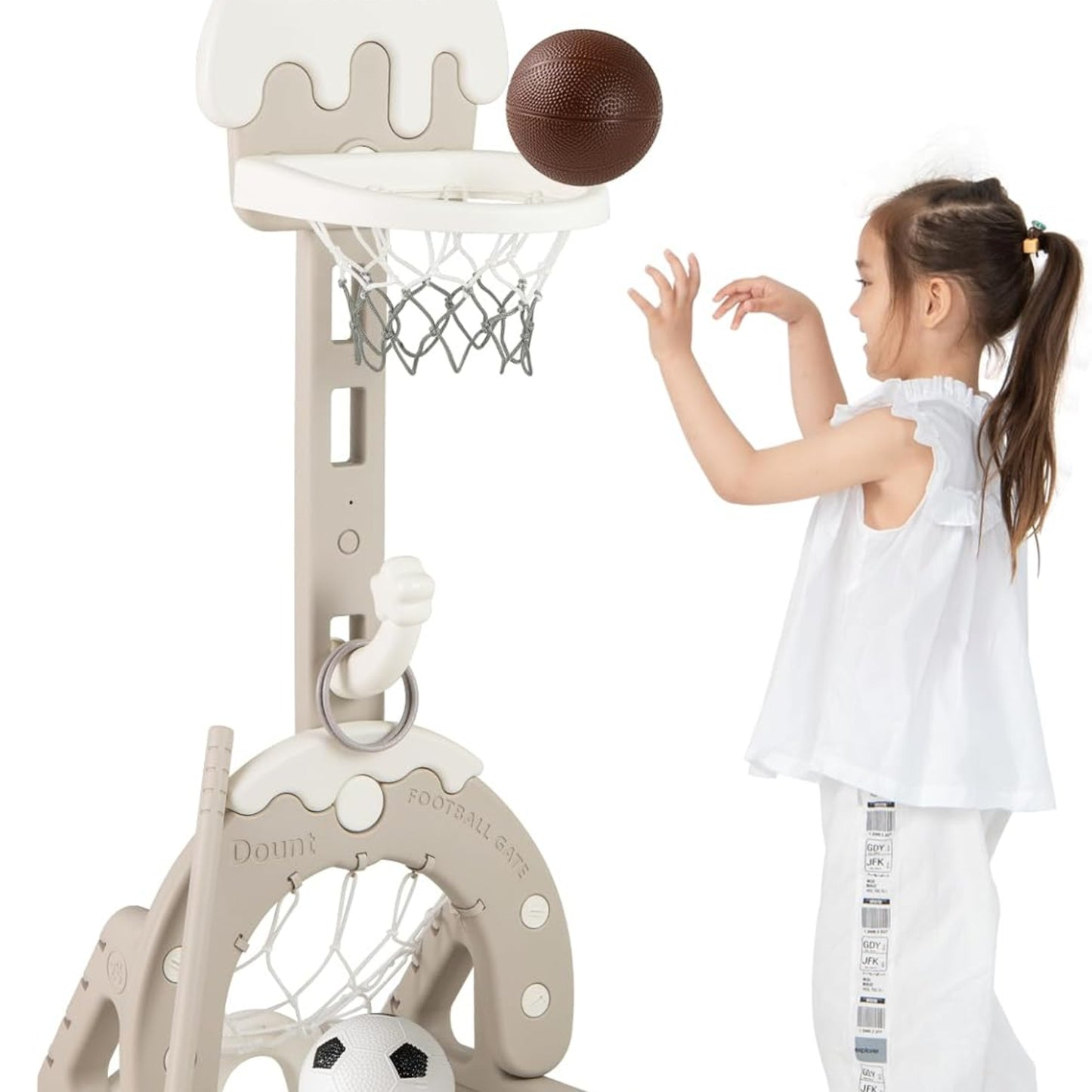 COSTWAY 4-in-1 Children's Basketball Hoop Set, Height-Adjustable Basketball Stand with Football Goal & Basketball & Golf Set & Throwing Game, Children's Playground Indoor & Outdoor for Boys and Girls