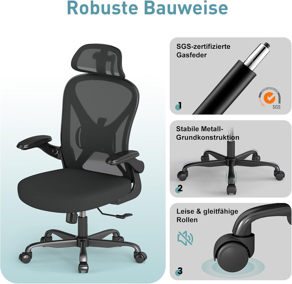 ZZH Ergonomic Desk Chair, Mesh Office Chair with Adjustable Lumbar Support & Folding Armrests, Breathable Computer Chair for Home Office with 360° Rotation & Height Adjustment, Black