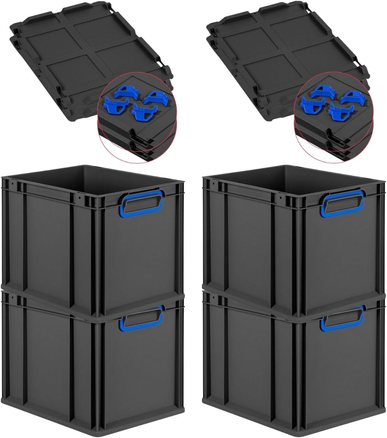PROREGAL Economy Set of 5 Eurobox NextGen Colour with Lid and Sliding Snap Fasteners, H x W x D 22 x 30 x 40 cm, 20 L, Black, Closed Handles, Euro Container, Transport Box, Transport Container