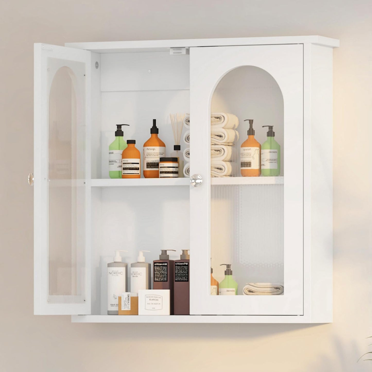 Bathroom Mirror Cabinet with 2 Doors, Wall Cabinet for Over the Toilet, Surface-Mounted Kitchen Wall Cabinet, Wall Cabinet with Shelves, Multifunctional Bathroom Cabinet, Natural