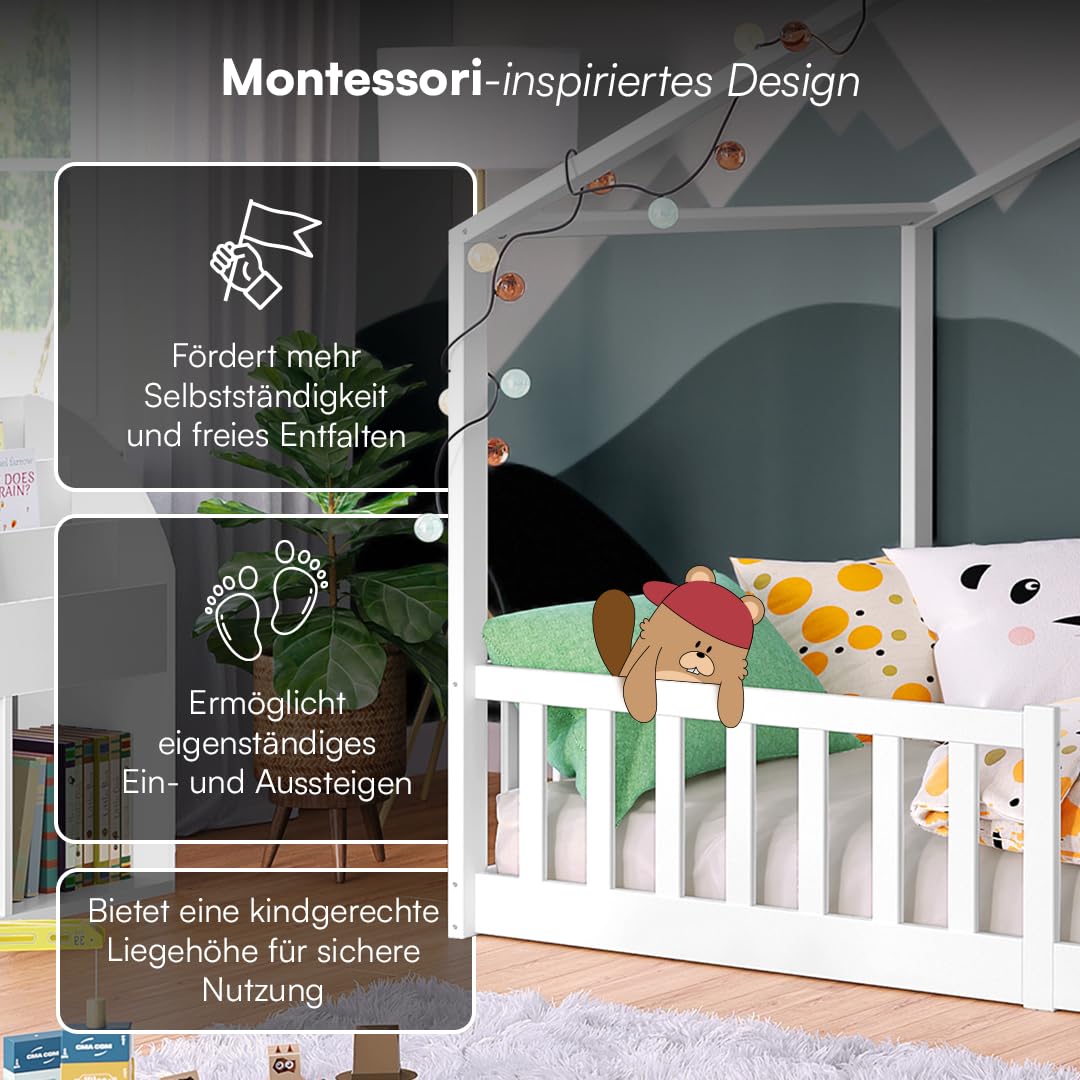 Bellabino Bia Children’s Bed, 90 x 200 cm, Children’s House Bed incl. Fall Protection and Rolled Slatted Frame, Montessori Floor Bed, White, Solid Pine Wood