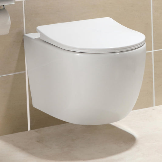 HOROW Ceramic Hanging Toilet with Nano Coating, Ceramic Wall Toilet White, Compact Toilet Bowl with Seat Soft-Close D Shape with Soft Close Lid for Guest Toilet