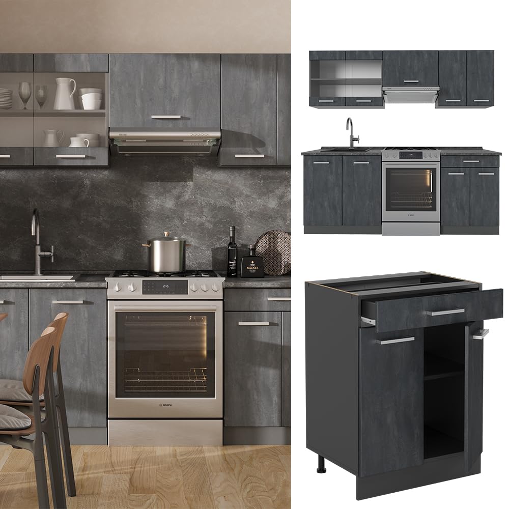 Vicco R-Line Kitchen Unit, White High-Gloss / Anthracite, 200 cm without Worktop