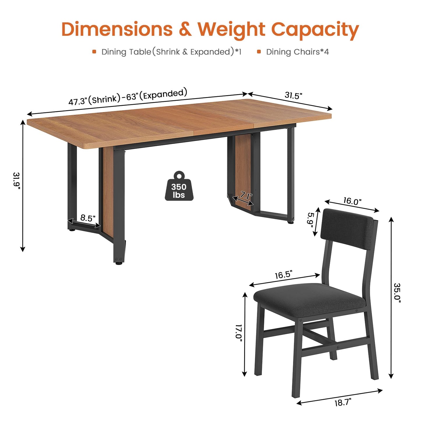 Itaar 5-Piece Dining Table Set for 4-6 People, 63" Extendable Kitchen Table and 4 Cushion Chairs, Dining Room Table with MDF Board & Metal Frame for Small Space, Easy Clean, Brown