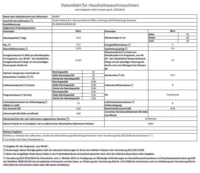 Sharp ES-WNFL914CMDA-DE Washing Machine, 9 kg, 1400 rpm, Energy Efficiency Class A (-20%), Inverter Motor, AquaStop, AquaGuard, WiFi, LED Touch, Steam Function, Black