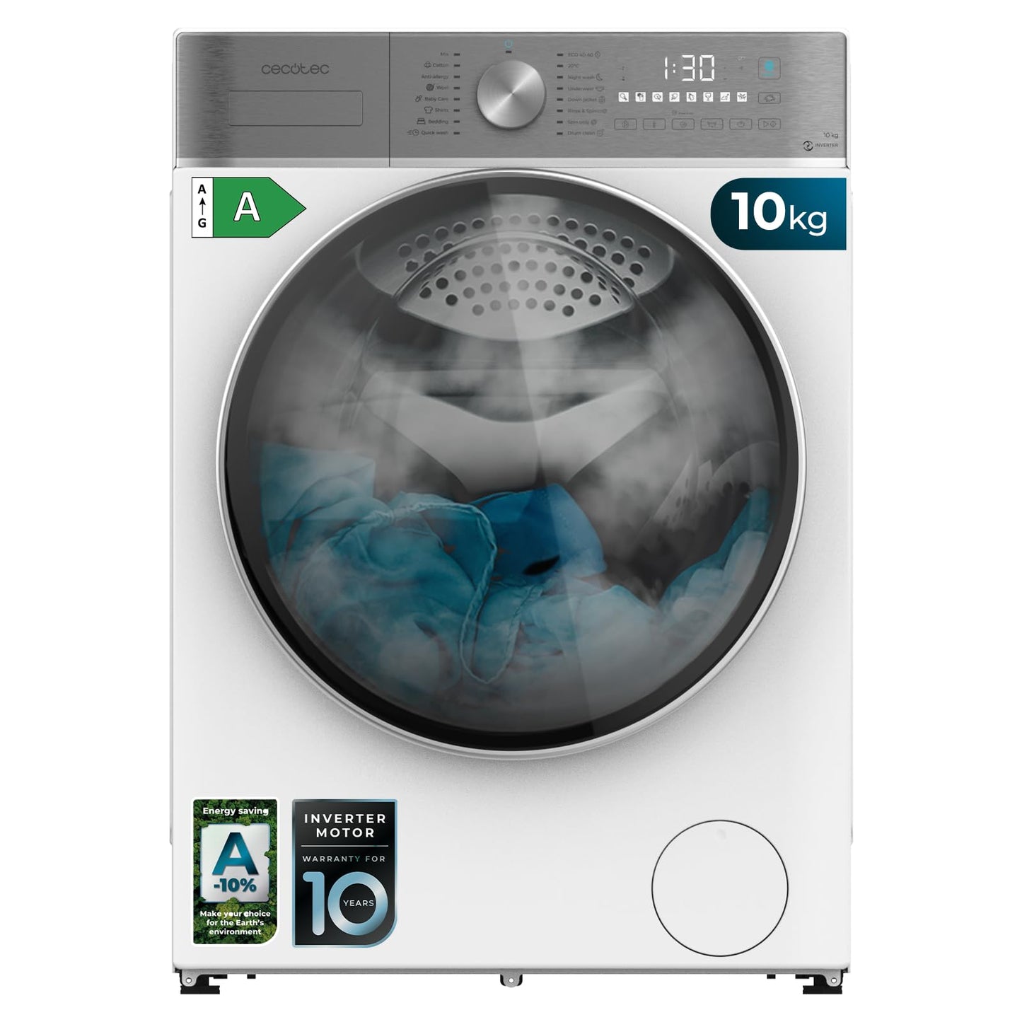 Cecotec Frontlader-Waschmaschine 10 kg Bolero DressCode 10800 Inverter Steel A, 1400 U/min, 16 Prog, Energieeffizienzklasse A, Inverter Plus Motor, SteamMax, Intelligentes Waschen und Ladungsdetektor