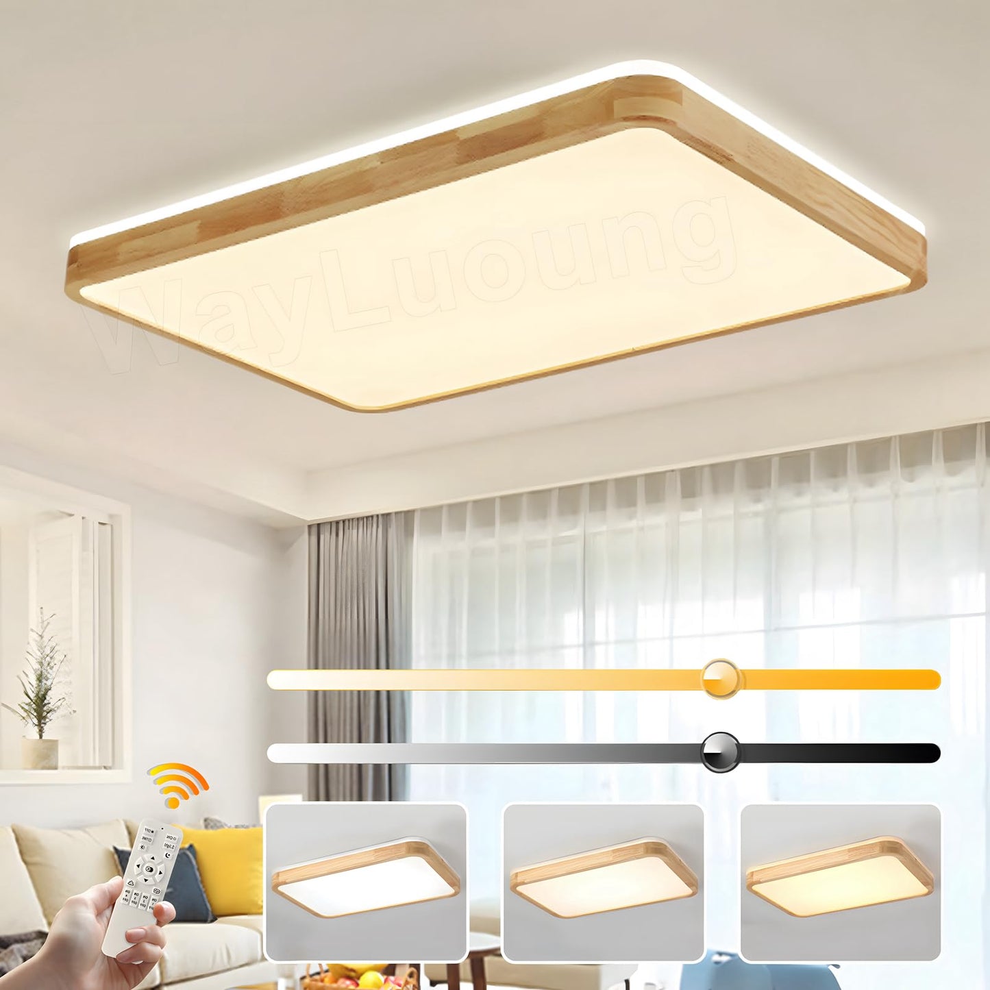 LED Wooden Ceiling Light, Diameter 30 cm, 3000 K, 1620 lm, 18 W, Ceiling Light with Square Top, 360° Luminous Natural Wood, Bedroom, Living Room, Children's Room, Kitchen, Dining Room (Warm White)