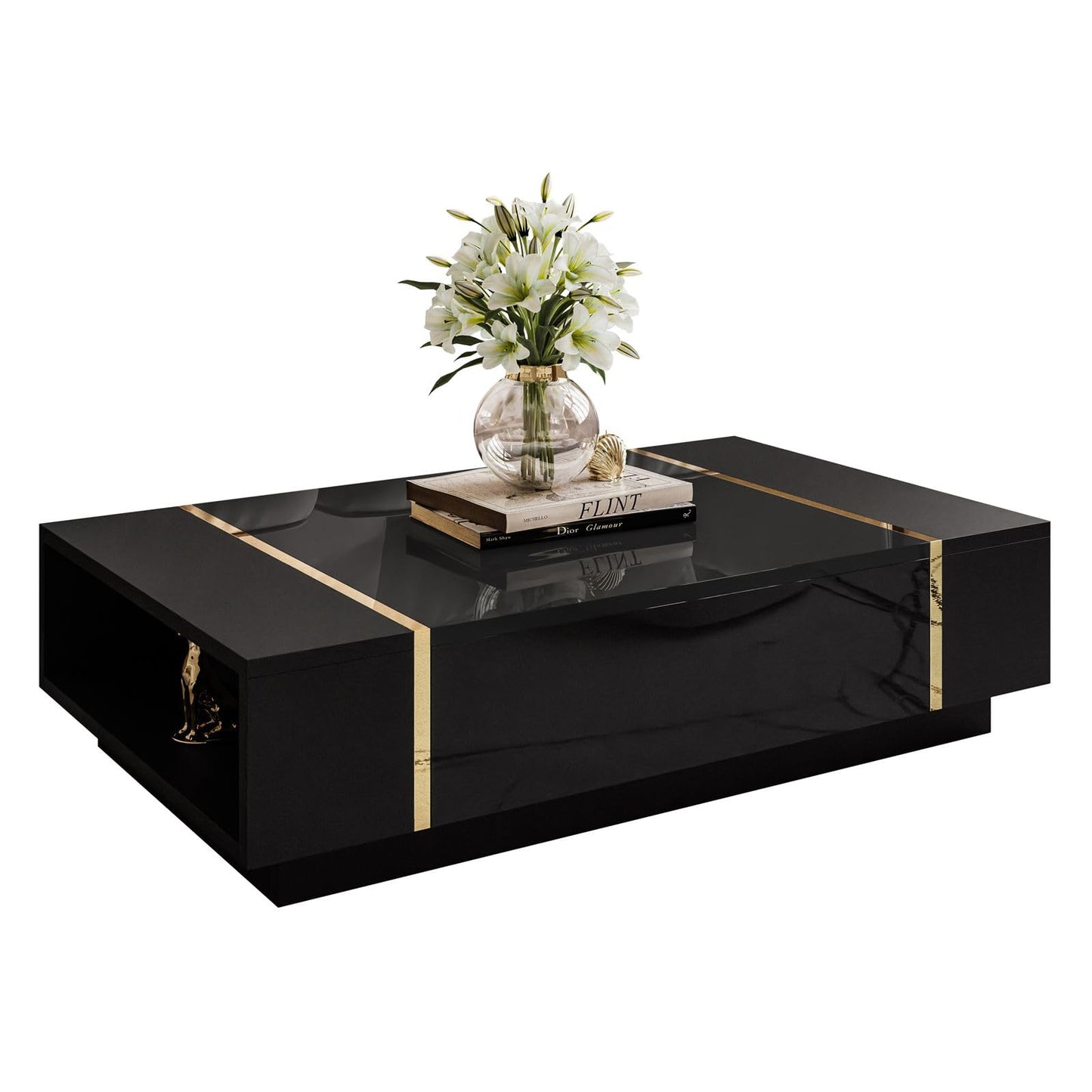 lukmebel Coffee Table White with Gold Onyx 104 x 65 x 41 cm Coffee Table with Storage Space Push to Open Living Room Table Side Table Couch Sofa Table House Table