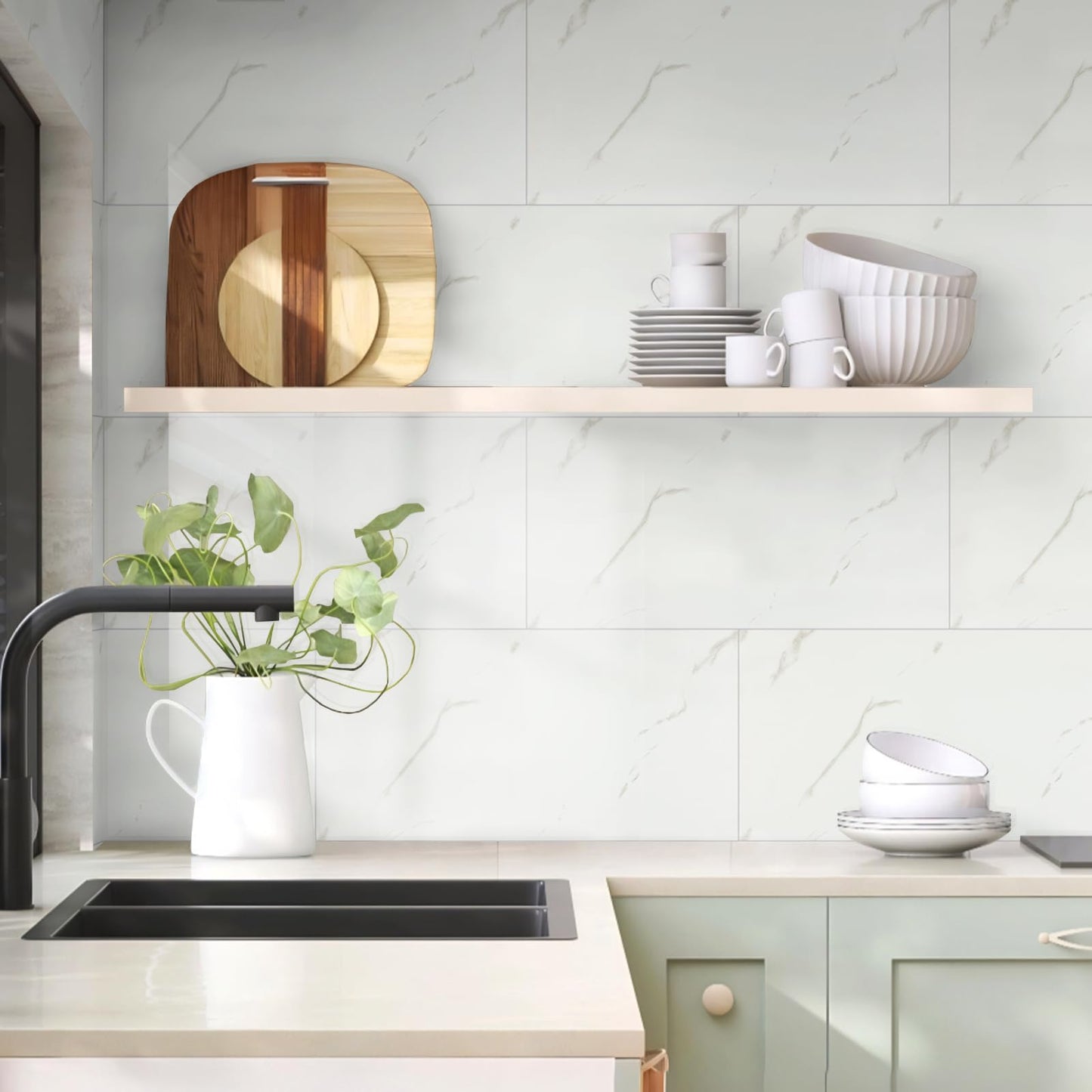 Hode Pack of 10 Adhesive Tiles, Kitchen Marble, 60 x 30 cm, Self-Adhesive Tiles, White, Waterproof, Wall Panels, Self-Adhesive for Kitchen Splashback, Bathroom, Living Room, Wall Tiles